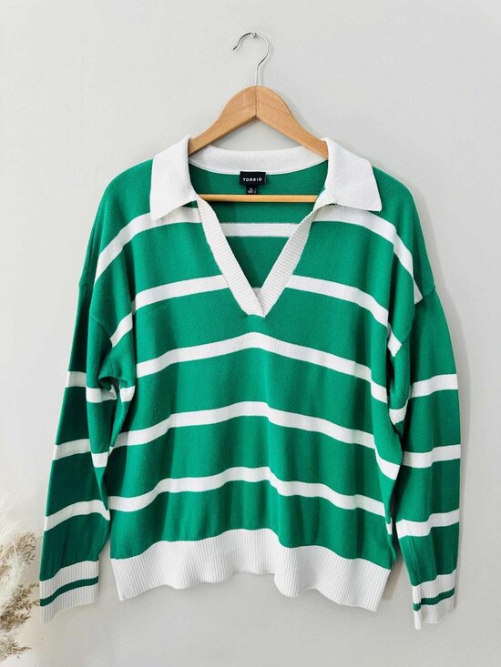 Torrid Green & White Striped Collared Knit Sweater, Size 0 - Picture 4 of 4